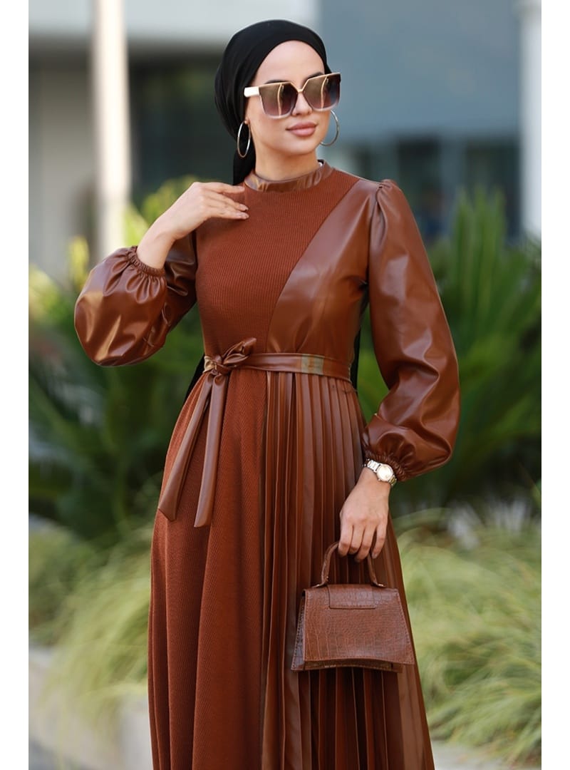 Liyan Kemerli Deri Elbise 590 - Taba - Resim 2