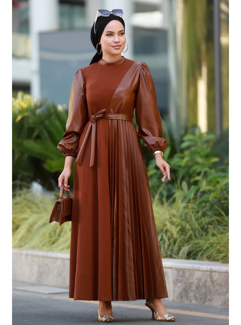 Liyan Kemerli Deri Elbise 590 - Taba - Resim 4