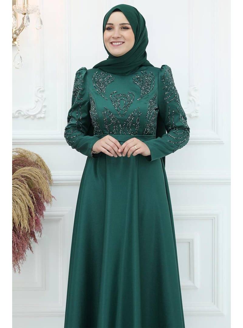 Amine Hüma Asya Saten Abiye Zümrüt - Resim 2