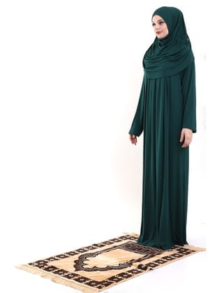 Tek Parça Pratik Başörtülü Robalı Namaz Elbisesi 8015 Yeşil Petrol