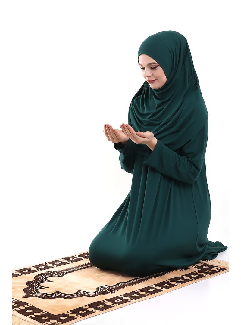 Tek Parça Pratik Başörtülü Robalı Namaz Elbisesi 8015 Yeşil Petrol - Resim 2