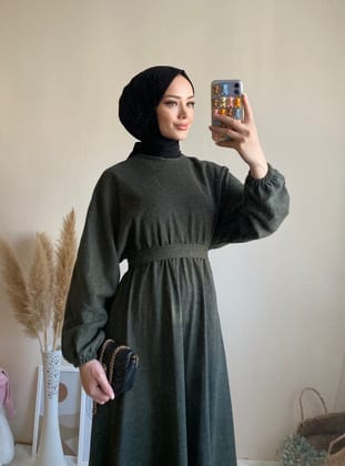 6262 - Mevlana Model Tesettür Elbise Haki̇-I11