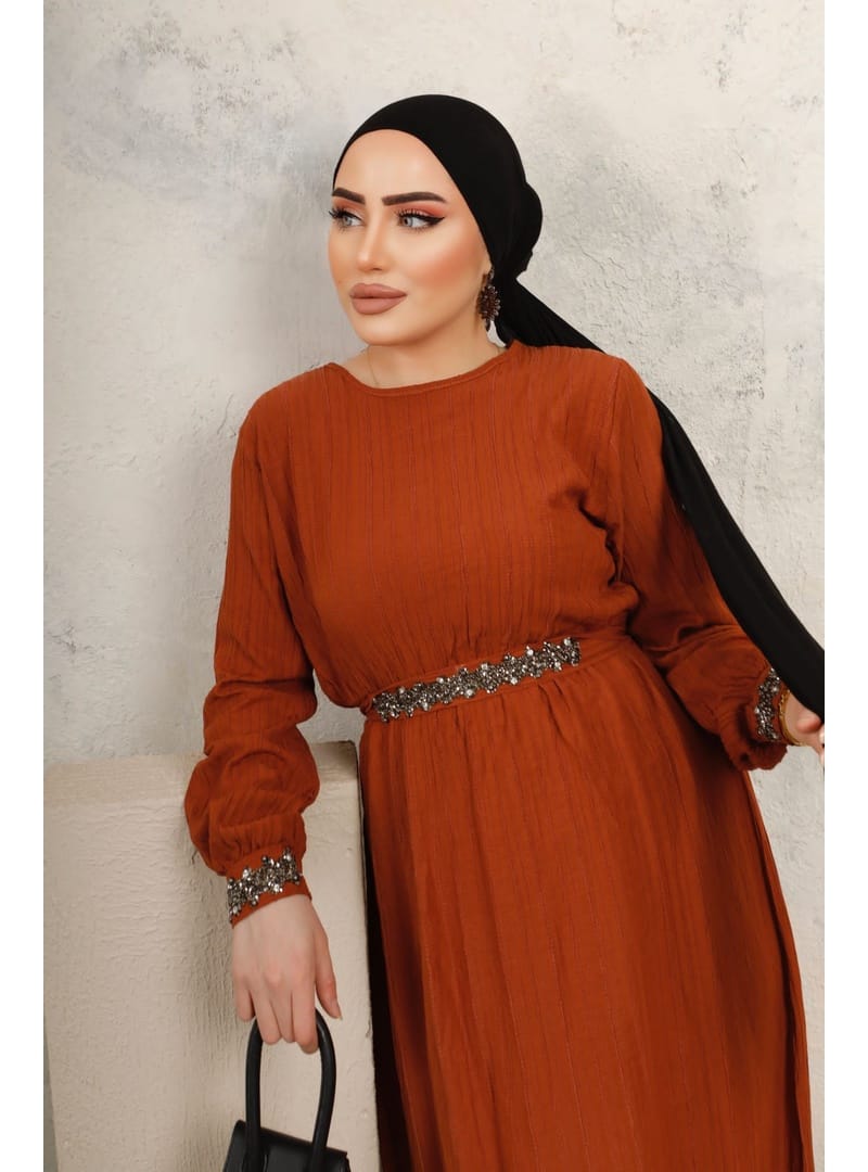 3011 - Kemerli Tesettür Elbise Taba-B7 - Resim 2