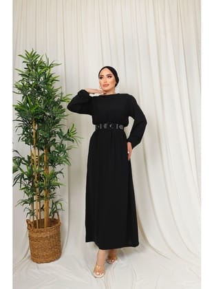 3135 - Kuşaklı Tesettür Elbise Si̇yah-D 2