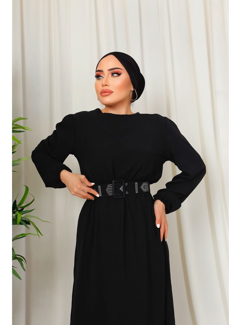 3135 - Kuşaklı Tesettür Elbise Si̇yah-D 2 - Resim 2
