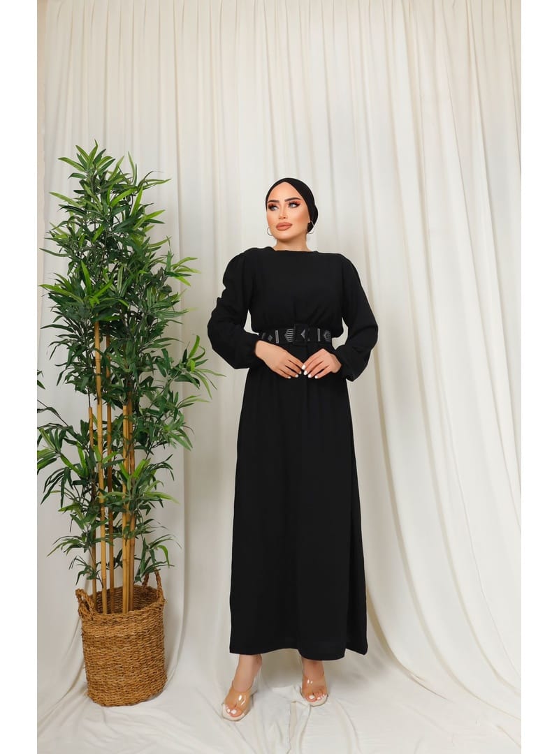 3135 - Kuşaklı Tesettür Elbise Si̇yah-D 2 - Resim 3