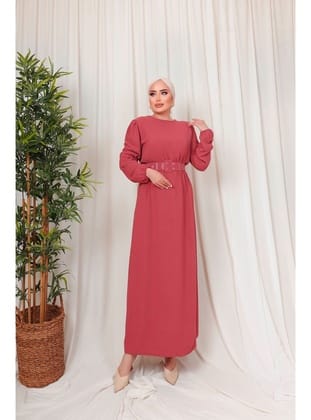 3135 - Kuşaklı Tesettür Elbise Pembe-D 2