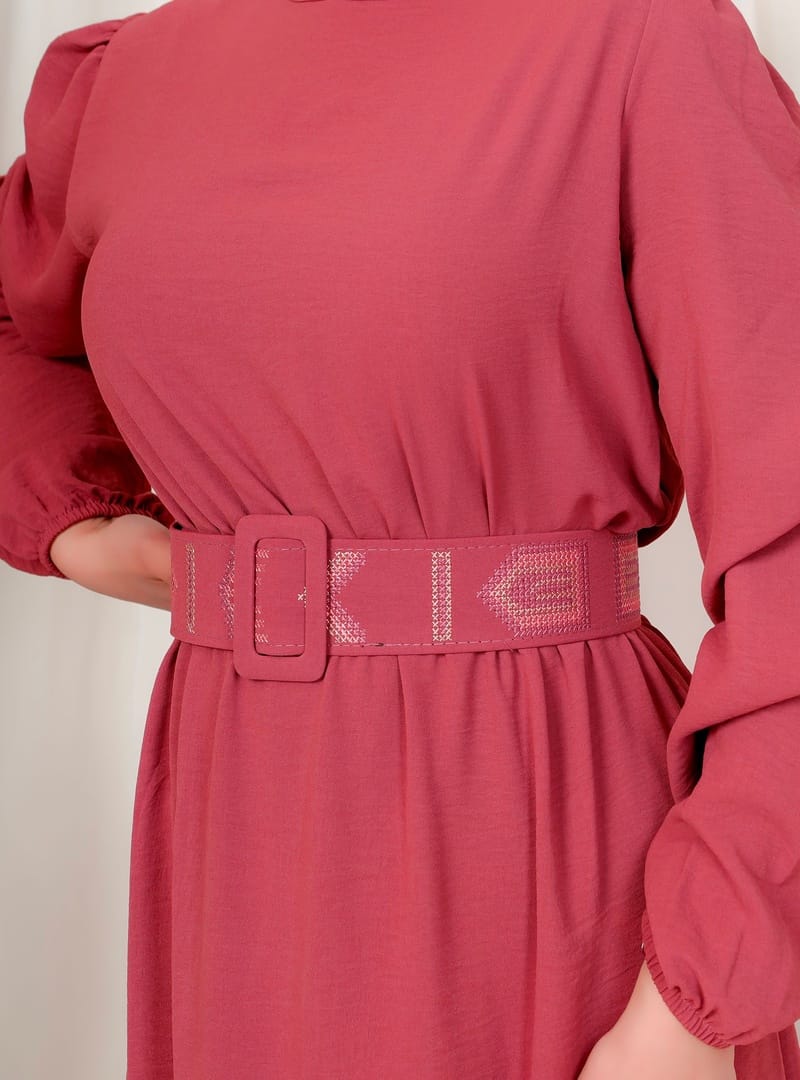 3135 - Kuşaklı Tesettür Elbise Pembe-D 2 - Resim 2