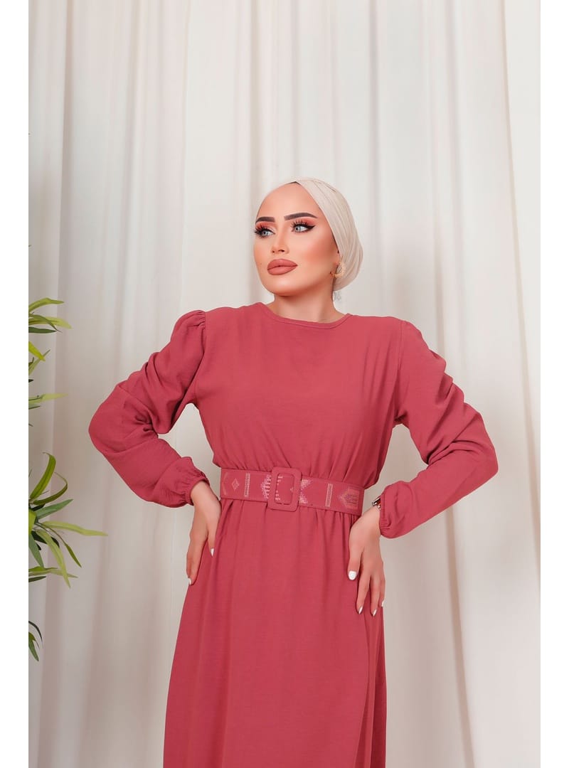 3135 - Kuşaklı Tesettür Elbise Pembe-D 2 - Resim 3