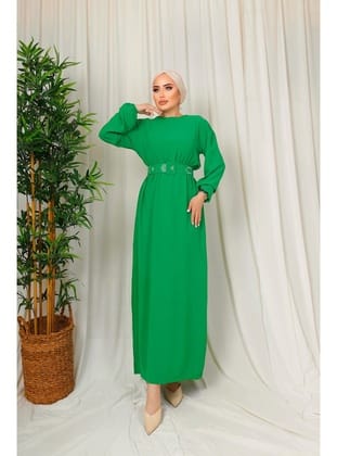 3135 - Kuşaklı Tesettür Elbise Yeşi̇l-D 2