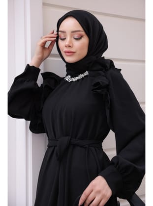 3986 -Taş Detaylı Tesettür Elbise Si̇yah-G1