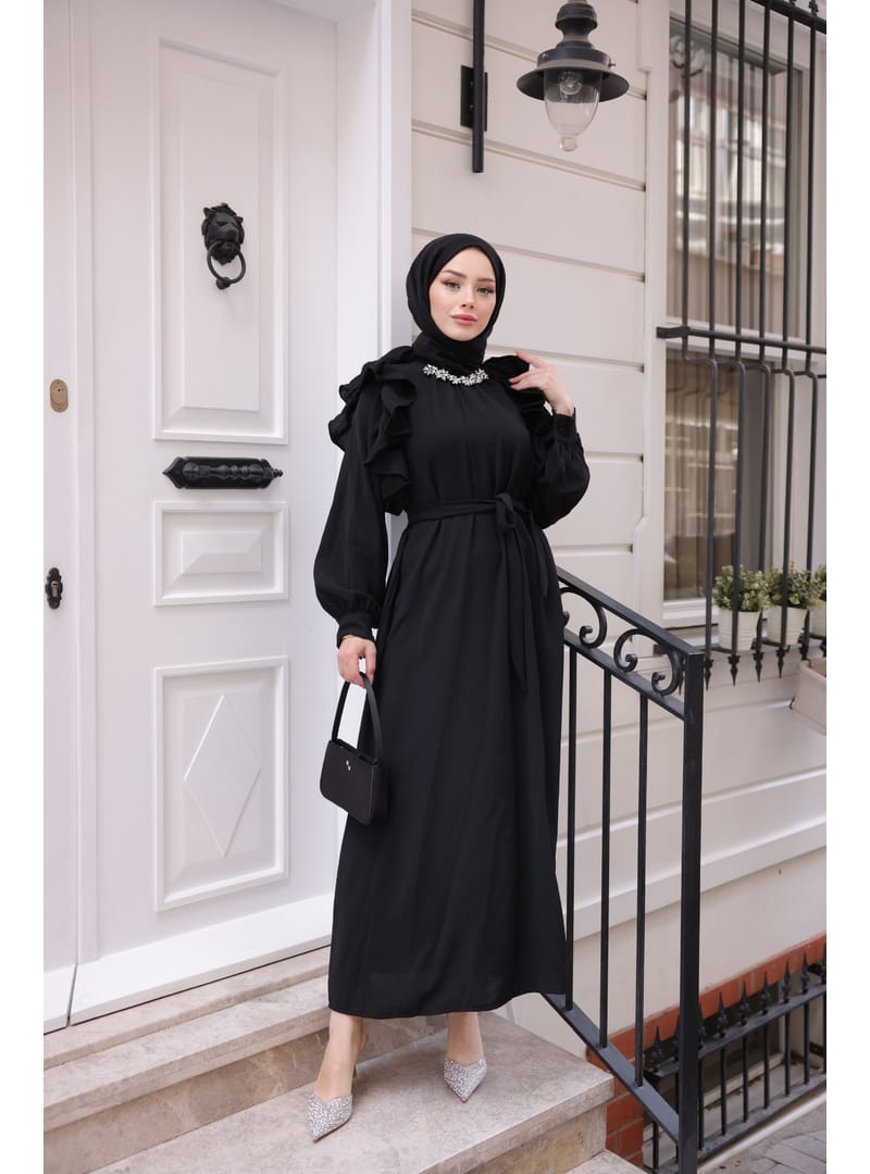 3986 -Taş Detaylı Tesettür Elbise Si̇yah-G1 - Resim 2