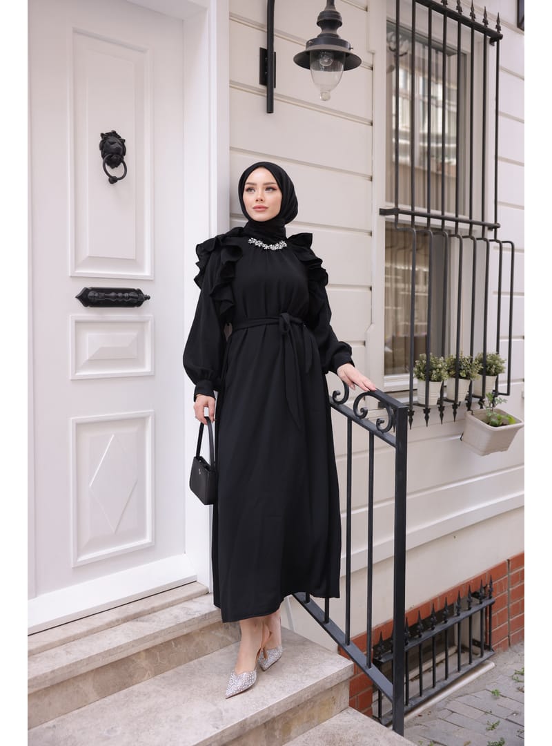 3986 -Taş Detaylı Tesettür Elbise Si̇yah-G1 - Resim 3