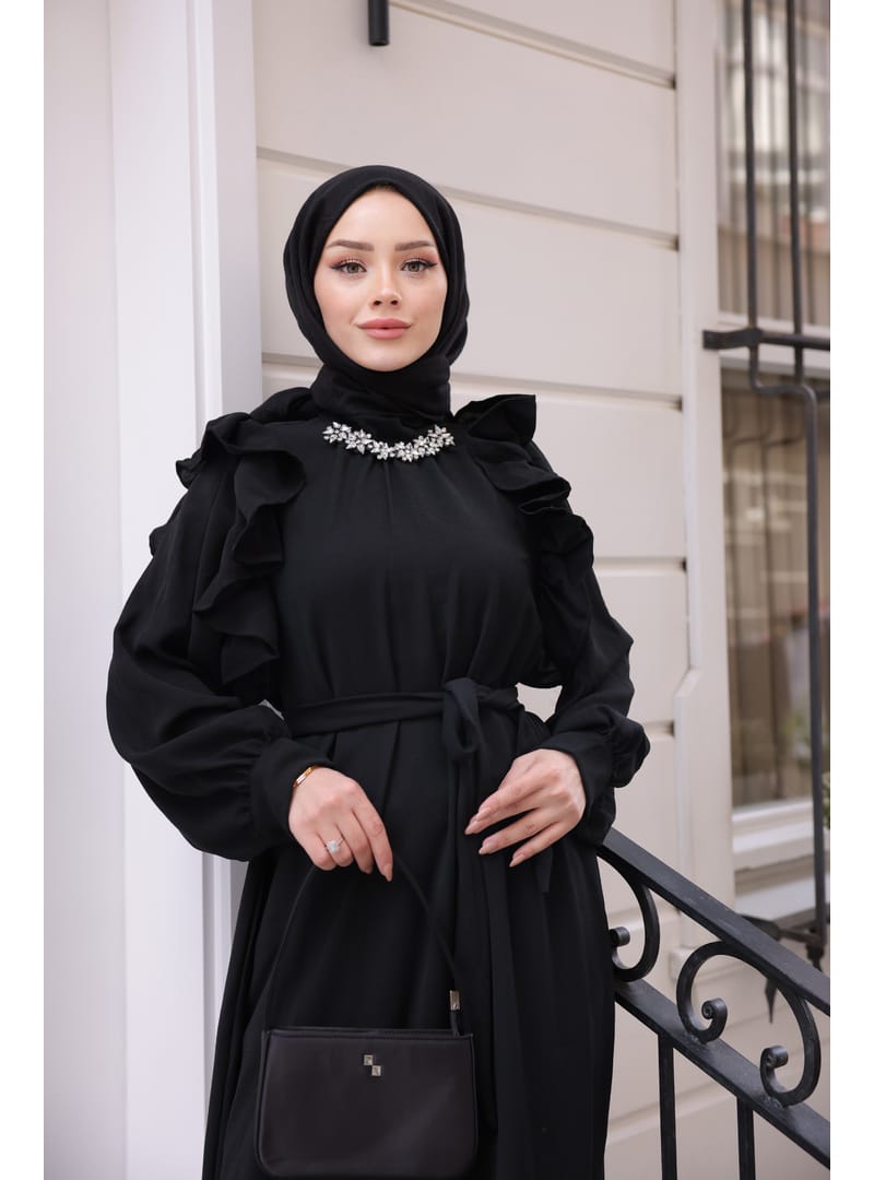 3986 -Taş Detaylı Tesettür Elbise Si̇yah-G1 - Resim 4