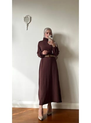4417 - Hasır Kemerli Tesettür Elbise Kahverengi̇-E2