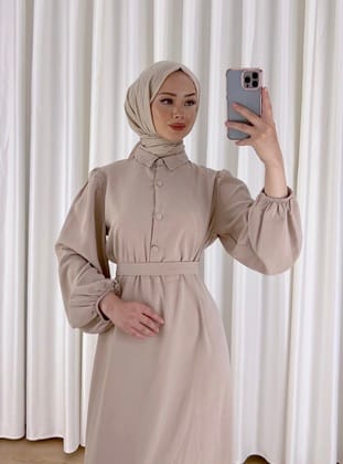 9559 - Düğme Detaylı Tesettür Elbise Bej--A13
