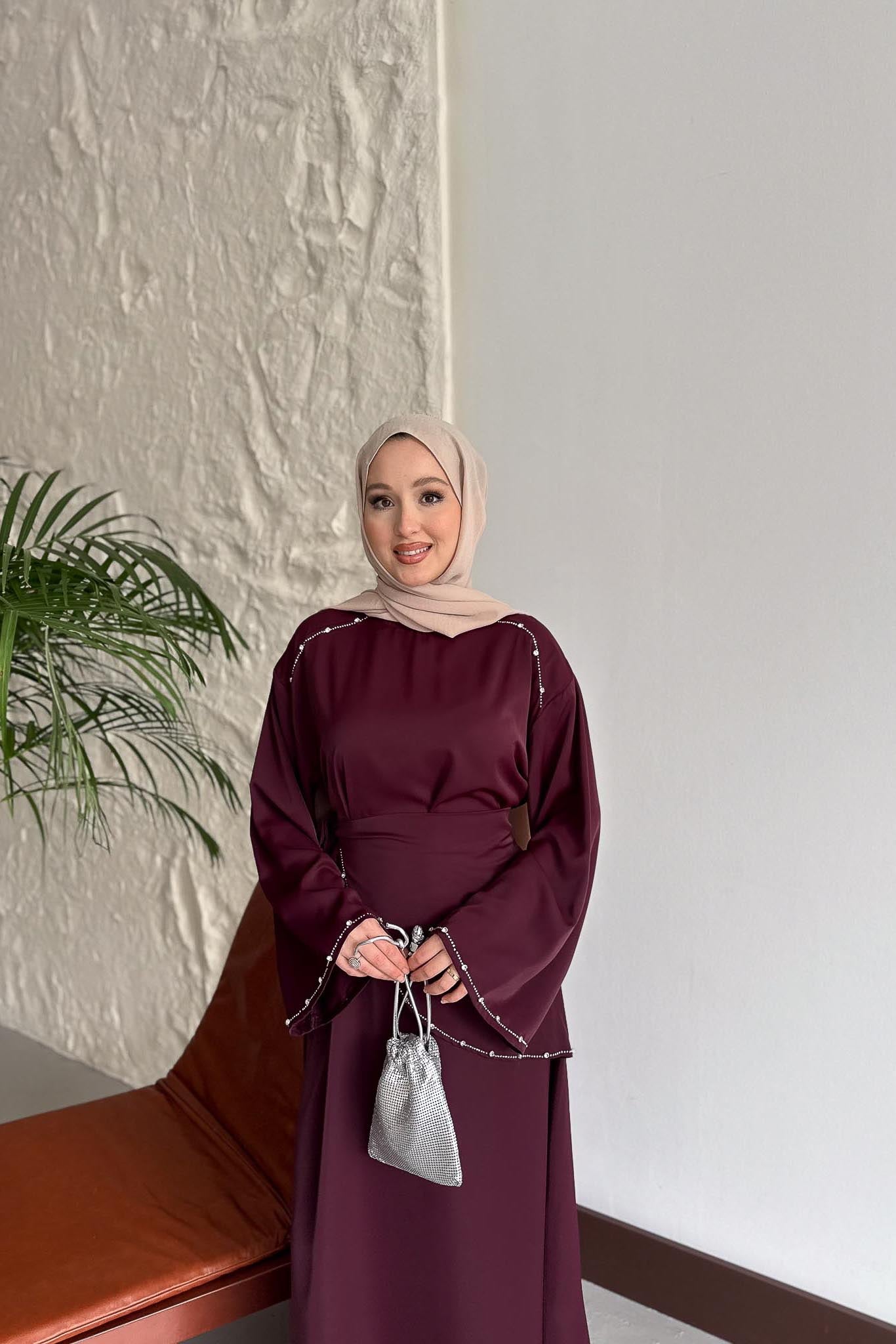 Taş Detaylı Abiye Elbise Mürdüm - Resim 3