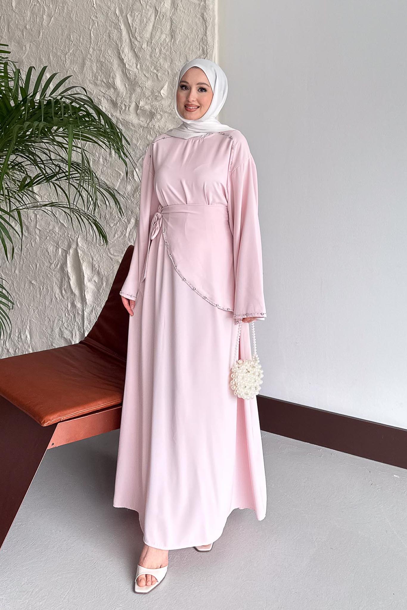 Taş Detaylı Abiye Elbise Pembe