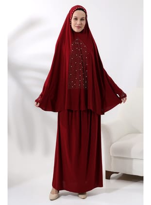 İki Parça İncili Taşlı Alt Üst Pratik Namaz Elbisesi 8017 Bordo Bordo