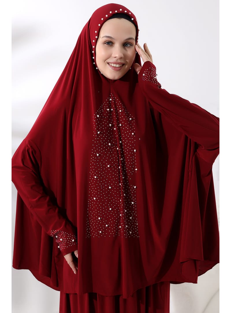 İki Parça İncili Taşlı Alt Üst Pratik Namaz Elbisesi 8017 Bordo Bordo - Resim 4