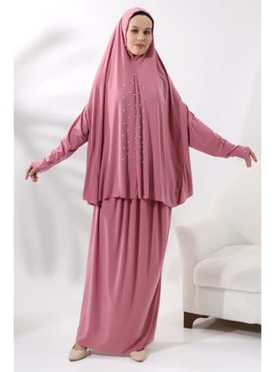 İki Parça İncili Taşlı Alt Üst Pratik Namaz Elbisesi 8017 Pembe Pembe