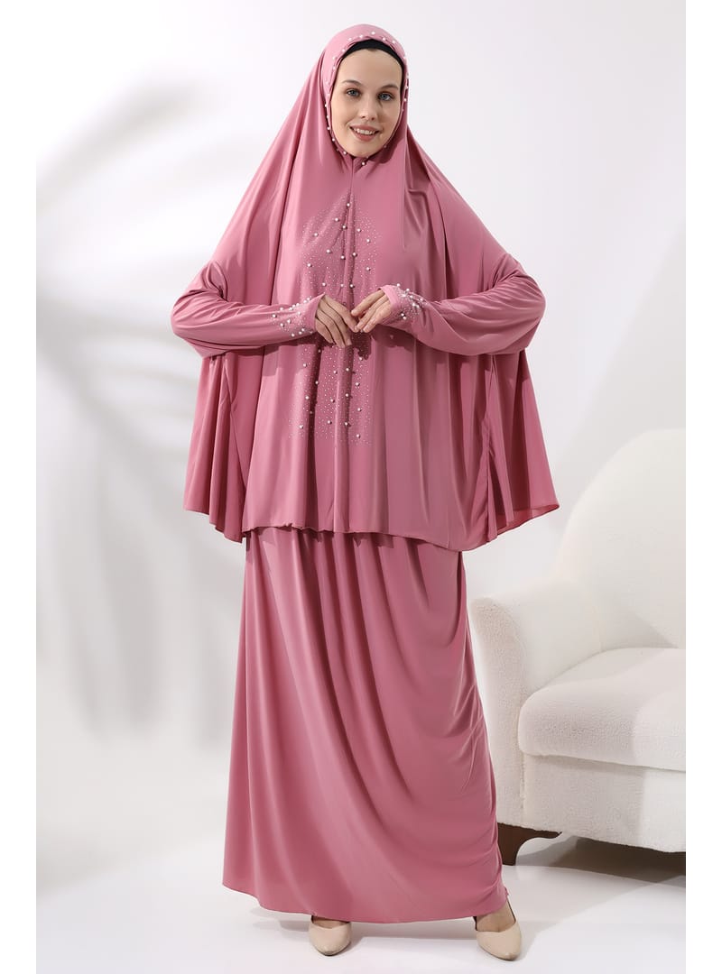 İki Parça İncili Taşlı Alt Üst Pratik Namaz Elbisesi 8017 Pembe Pembe - Resim 2