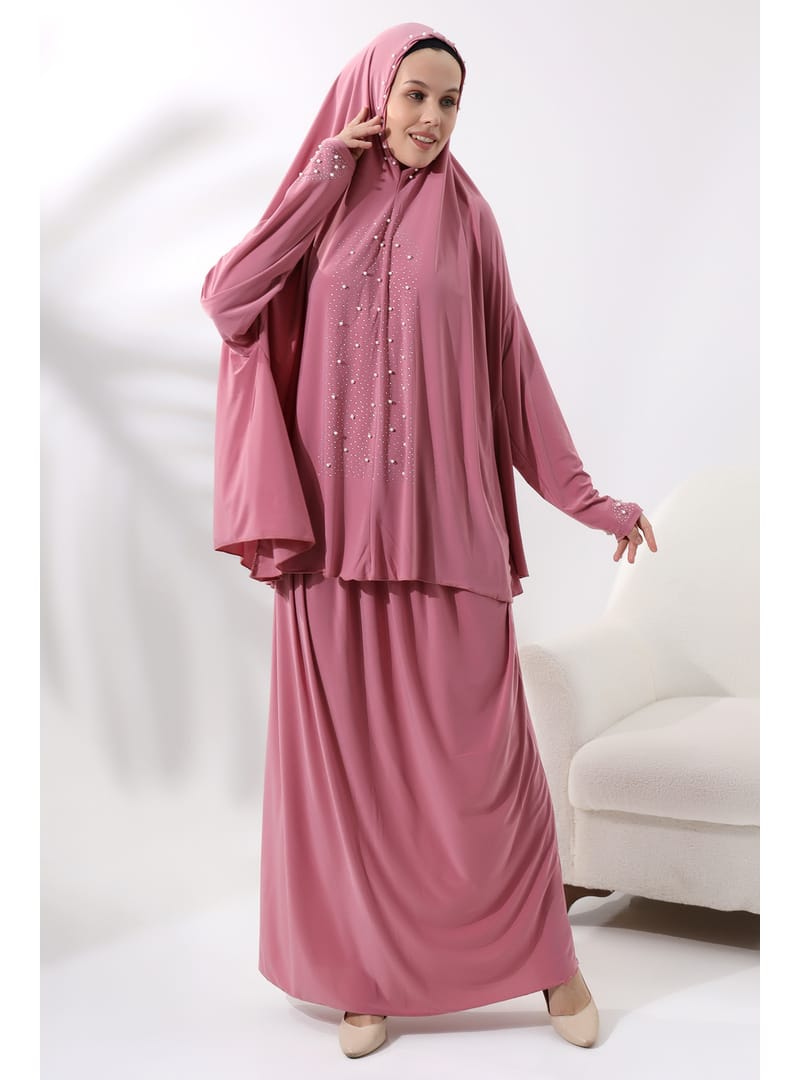 İki Parça İncili Taşlı Alt Üst Pratik Namaz Elbisesi 8017 Pembe Pembe - Resim 3