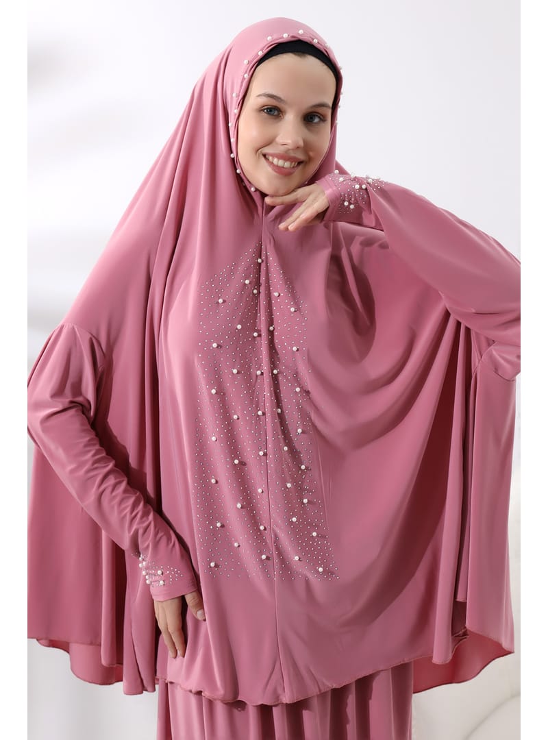 İki Parça İncili Taşlı Alt Üst Pratik Namaz Elbisesi 8017 Pembe Pembe - Resim 4