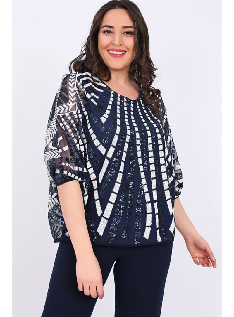 Büyük Beden 2779 Lacivert Bluz+Bady İkili Takım LACİVERT - Resim 2
