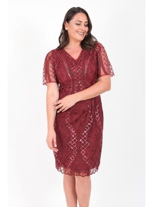 Büyük Beden 3229 Bordo Kısa Abiye Elbise BORDO