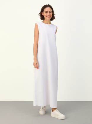 Poplin Kolsuz İçlik Elbise - Beyaz - Benin