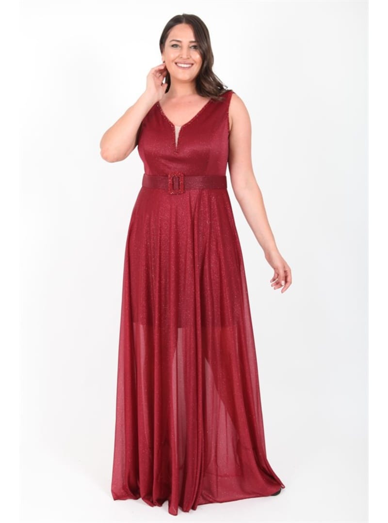 Büyük Beden 3494 Bordo Uzun Abiye Elbise BORDO - Resim 2