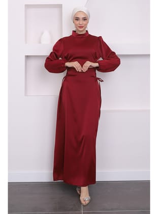 Bordo Yan Detaylı Saten Abiye