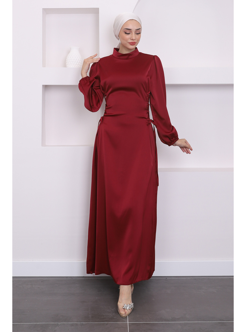 Bordo Yan Detaylı Saten Abiye - Resim 2