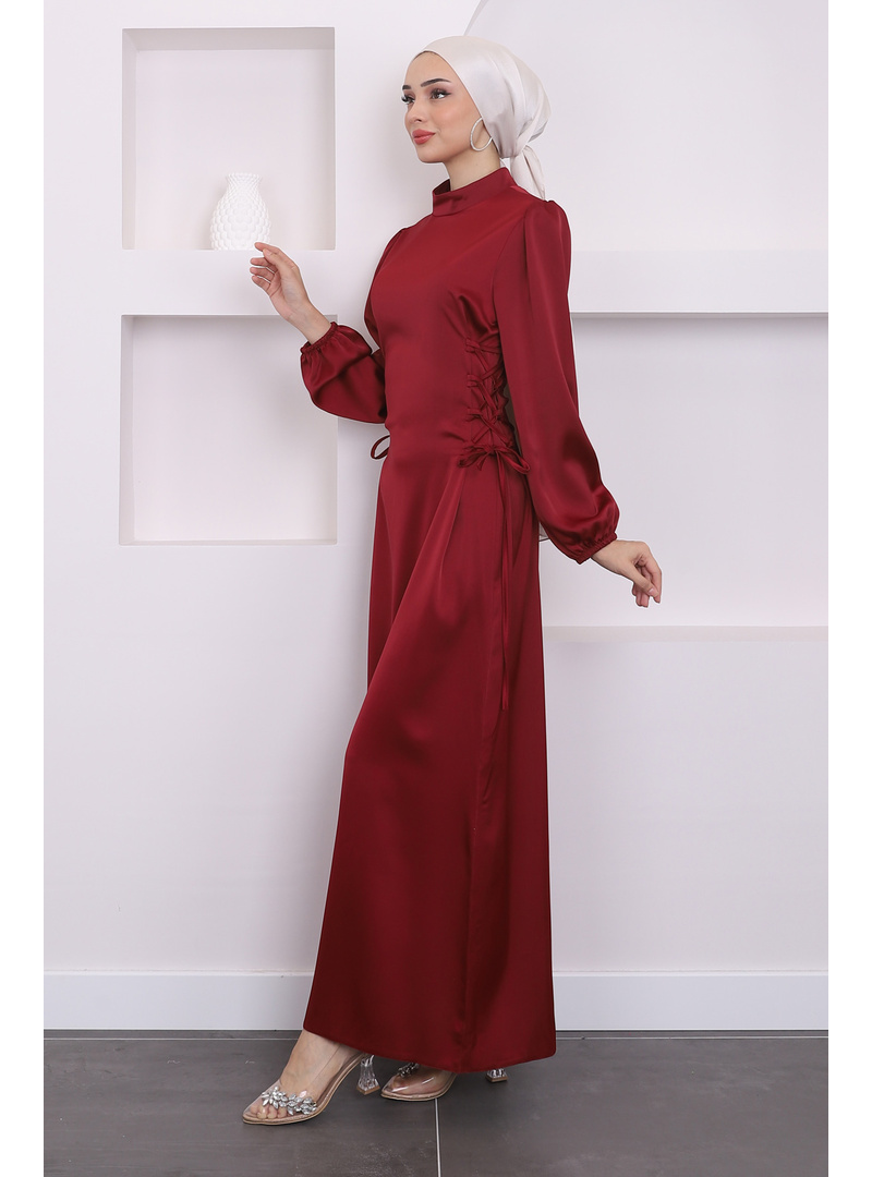 Bordo Yan Detaylı Saten Abiye - Resim 3