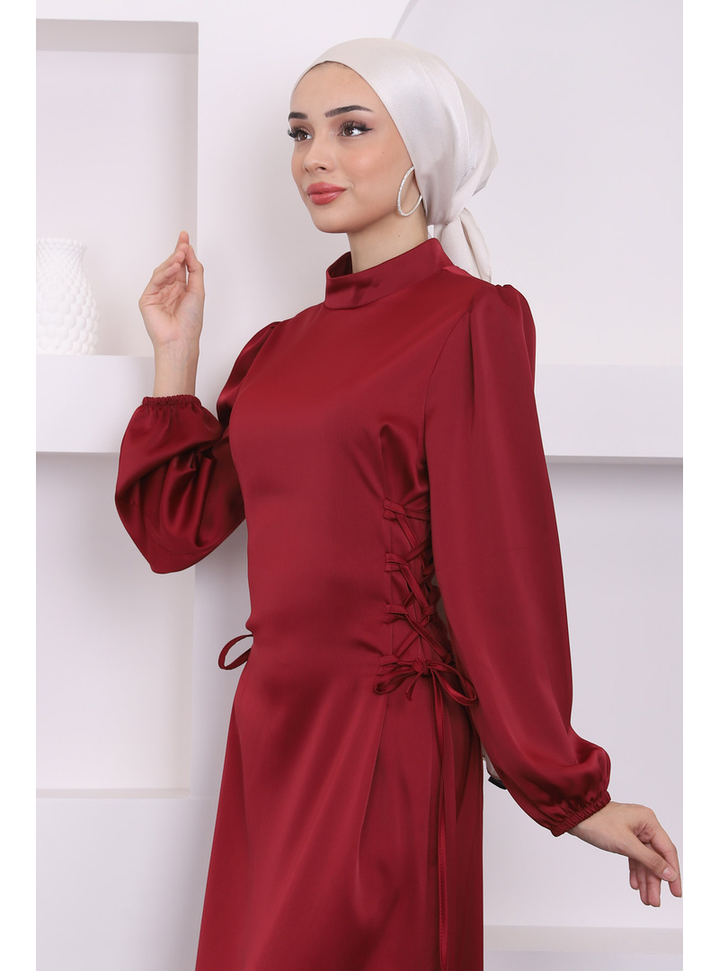 Bordo Yan Detaylı Saten Abiye - Resim 4