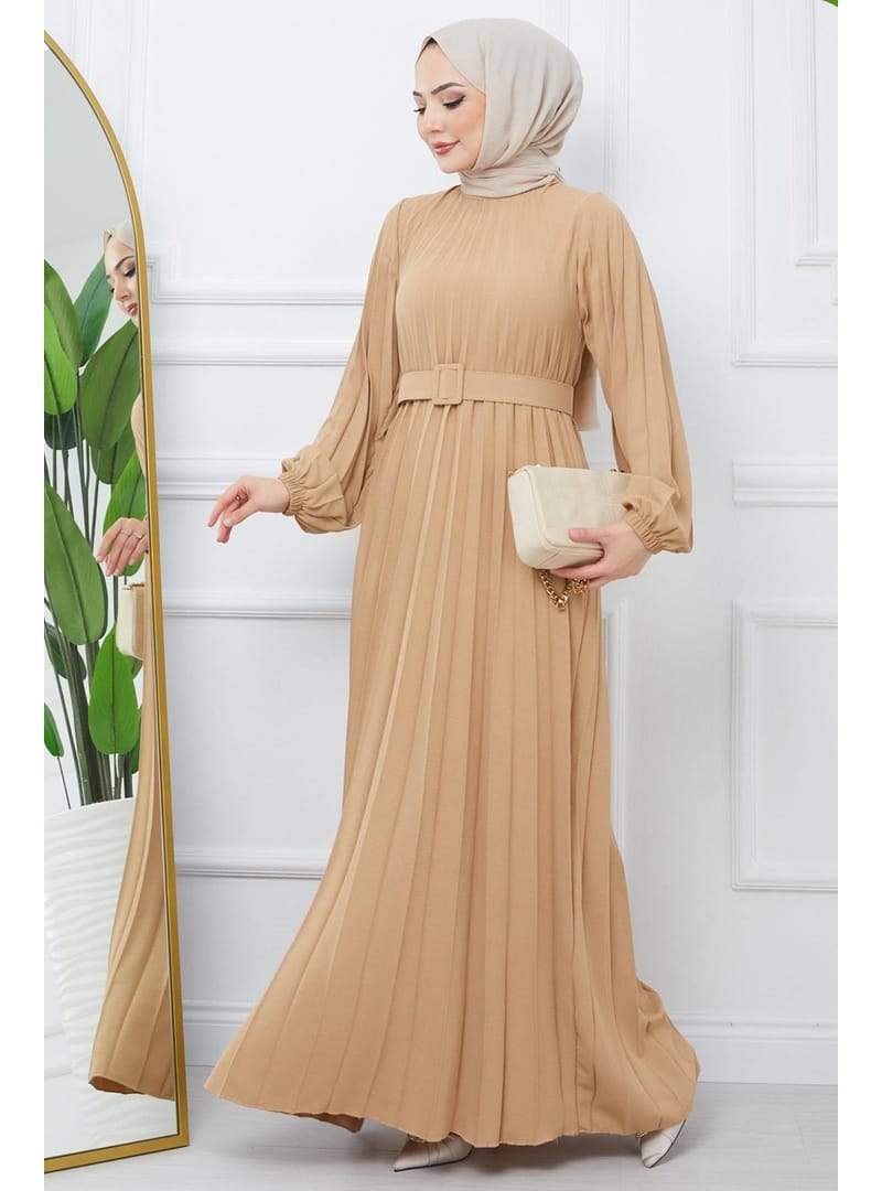 Kemerli Piliseli Aerobin Elbise Camel HM2339 - Resim 2