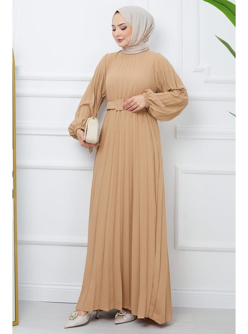 Kemerli Piliseli Aerobin Elbise Camel HM2339 - Resim 3