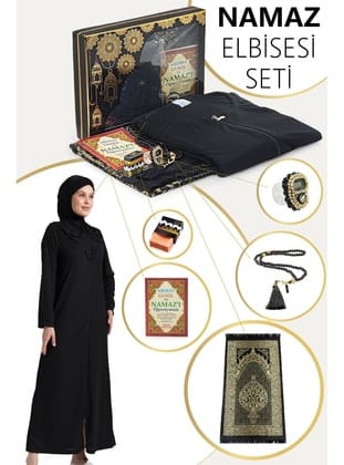 Siyah Kadın Pratik Başörtülü Fermuarlı Tek Parça Namaz Elbisesi Seccade Seti Siyah