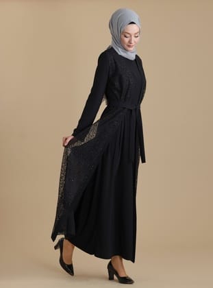 Siyah İkili Abaya Transparan Kristal Taşlı Kemerli Tesettür Ferace Siyah