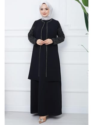 Kolları Taşlı Büyük Beden Anne Elbisesi Siyah HM2349