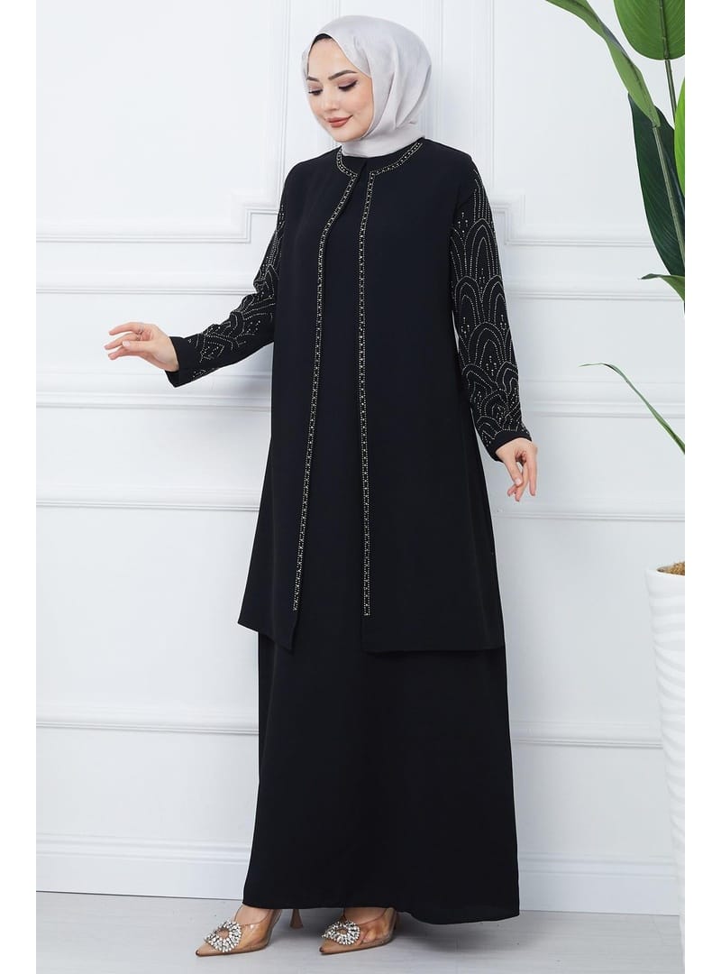 Kolları Taşlı Büyük Beden Anne Elbisesi Siyah HM2349 - Resim 2
