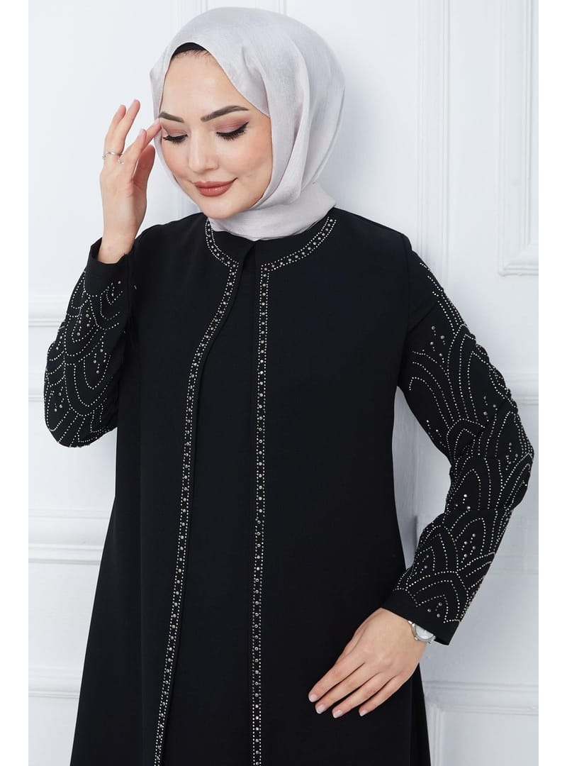 Kolları Taşlı Büyük Beden Anne Elbisesi Siyah HM2349 - Resim 3