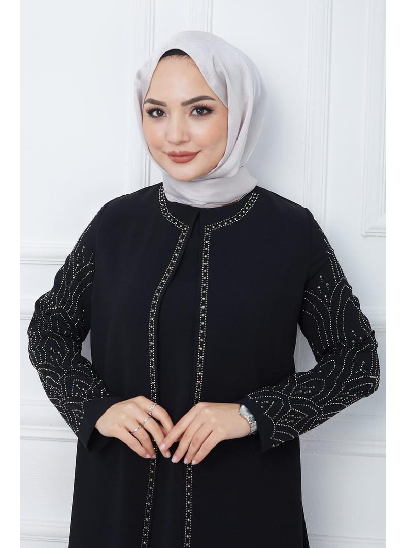 Kolları Taşlı Büyük Beden Anne Elbisesi Siyah HM2349 - Resim 4