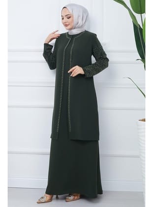 Kolları Taşlı Büyük Beden Anne Elbisesi Haki HM2349