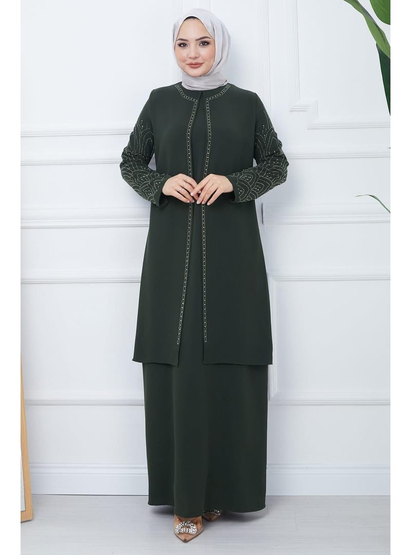 Kolları Taşlı Büyük Beden Anne Elbisesi Haki HM2349 - Resim 2