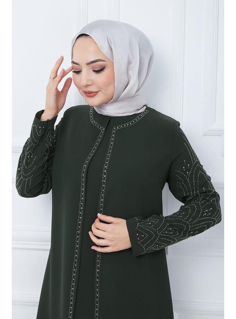 Kolları Taşlı Büyük Beden Anne Elbisesi Haki HM2349 - Resim 3