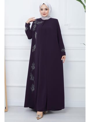 Büyük Beden Yaprak Taşlı Anne Elbisesi Mor HM2350