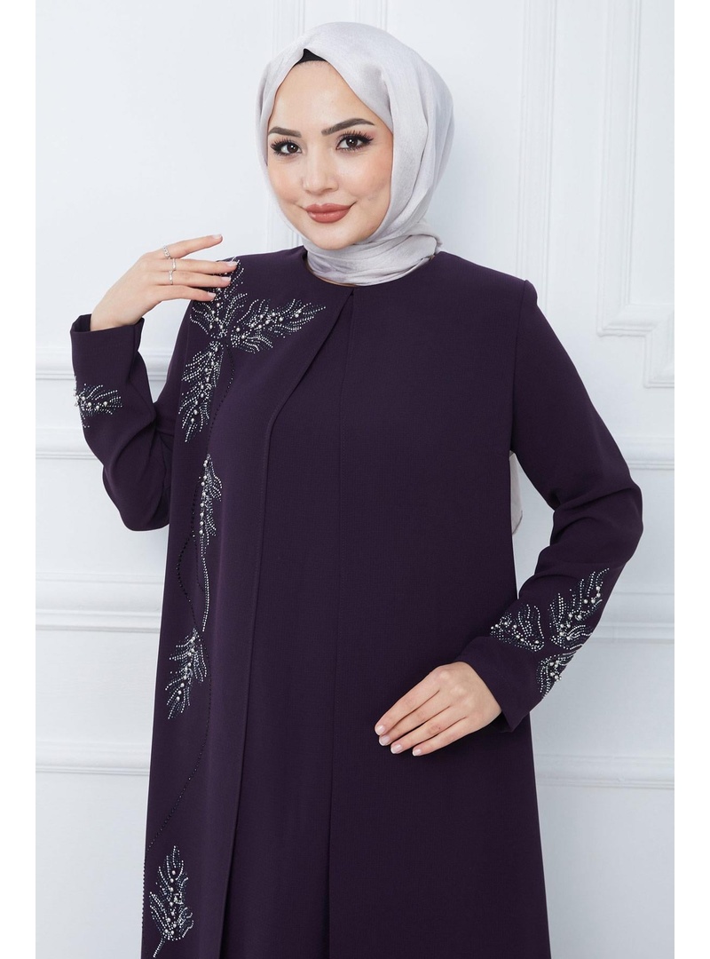 Büyük Beden Yaprak Taşlı Anne Elbisesi Mor HM2350 - Resim 2