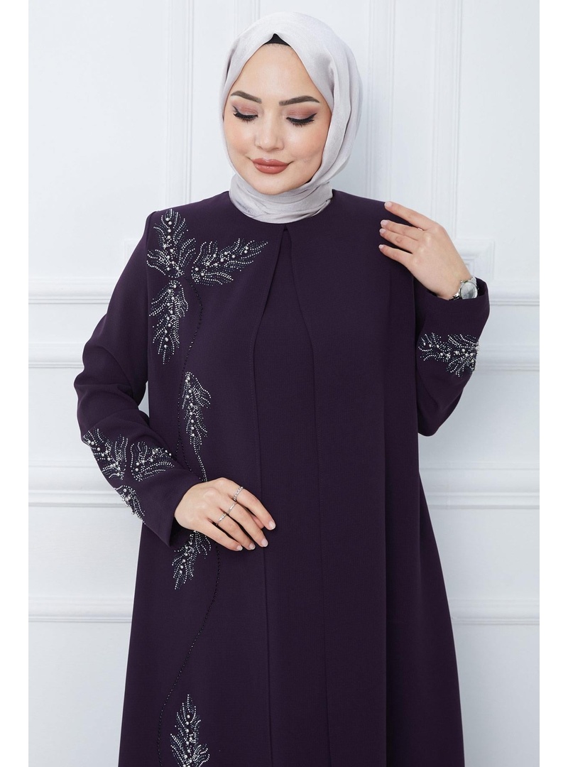Büyük Beden Yaprak Taşlı Anne Elbisesi Mor HM2350 - Resim 4
